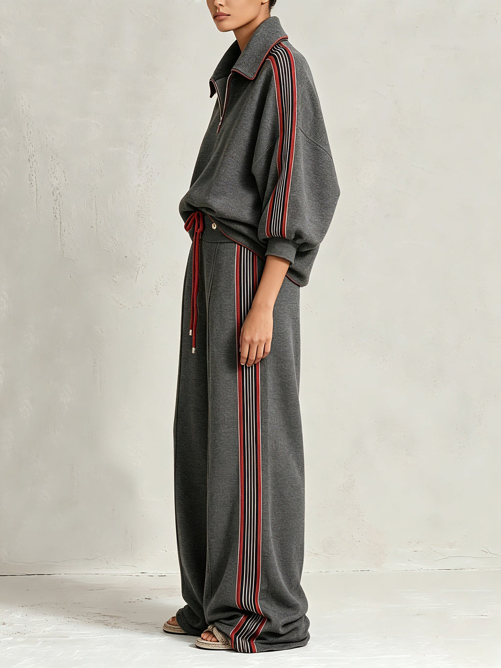 Women’s Charcoal Grey Two Piece Pants Set – Half Zip Pullover Top & Wide Leg Track Pants Casual Streetwear Outfit