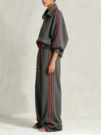 Women’s Charcoal Grey Two Piece Pants Set – Half Zip Pullover Top & Wide Leg Track Pants Casual Streetwear Outfit