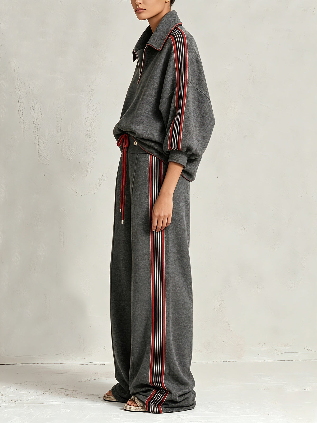 Women’s Charcoal Grey Two Piece Pants Set – Half Zip Pullover Top & Wide Leg Track Pants Casual Streetwear Outfit