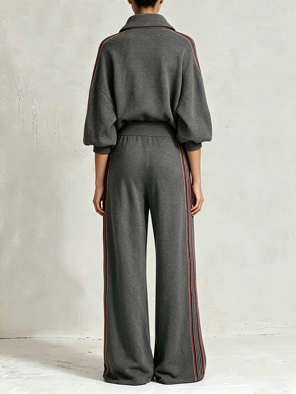 Women’s Charcoal Grey Two Piece Pants Set – Half Zip Pullover Top & Wide Leg Track Pants Casual Streetwear Outfit