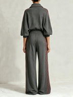 Women’s Charcoal Grey Two Piece Pants Set – Half Zip Pullover Top & Wide Leg Track Pants Casual Streetwear Outfit
