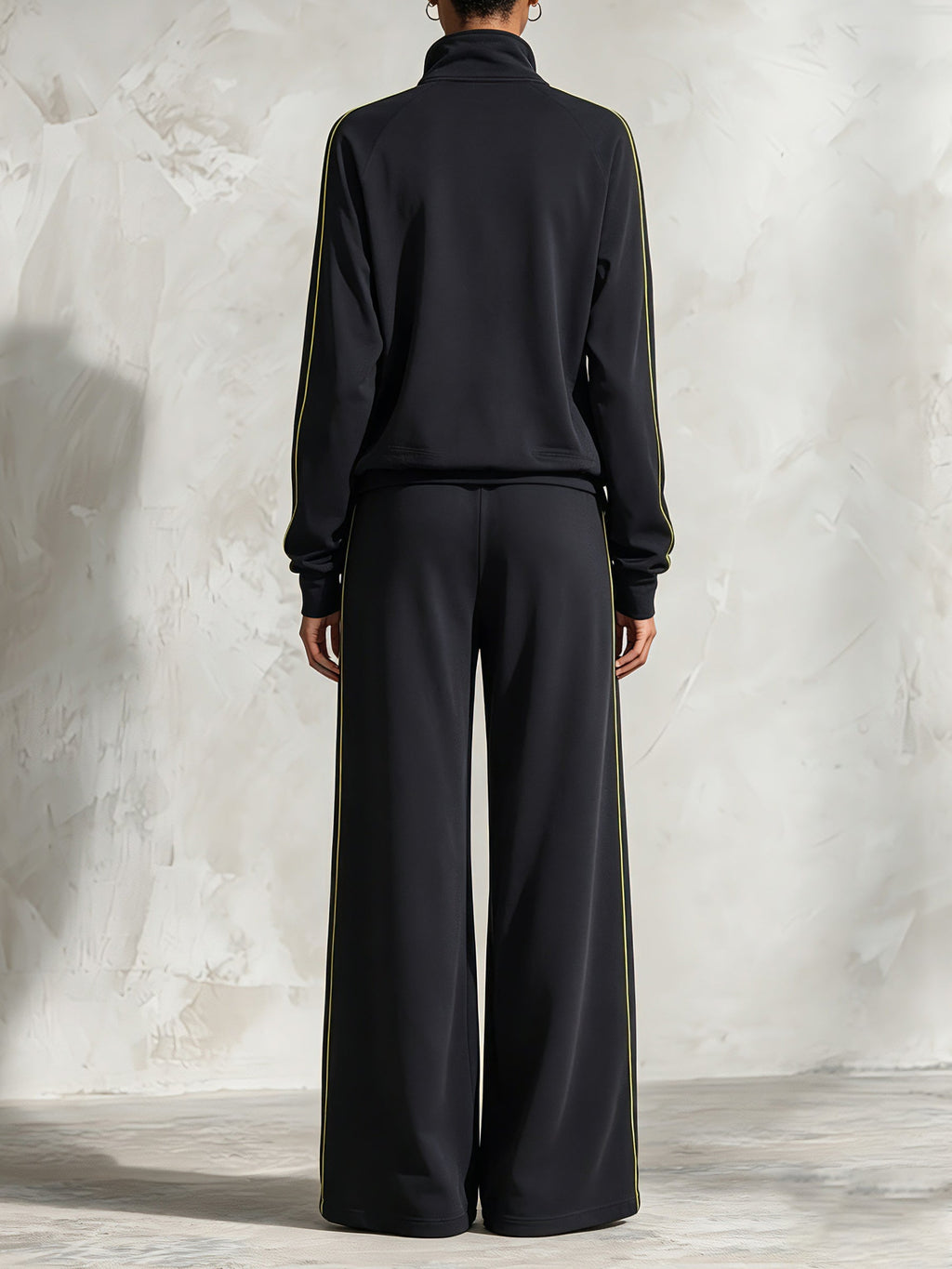 Women's Black Contrast Trim Zip-Up Tracksuit Set – Relaxed Fit Athleisure Jacket & Wide Leg Pants Two Piece Outfit