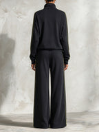 Women's Black Contrast Trim Zip-Up Tracksuit Set – Relaxed Fit Athleisure Jacket & Wide Leg Pants Two Piece Outfit