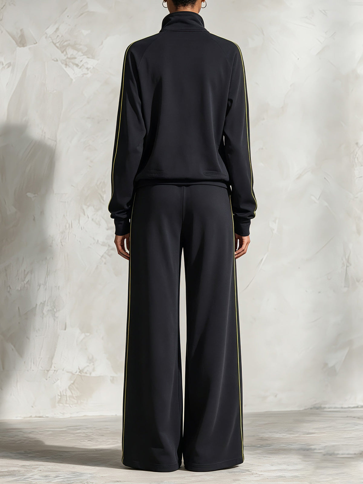 Women's Black Contrast Trim Zip-Up Tracksuit Set – Relaxed Fit Athleisure Jacket & Wide Leg Pants Two Piece Outfit