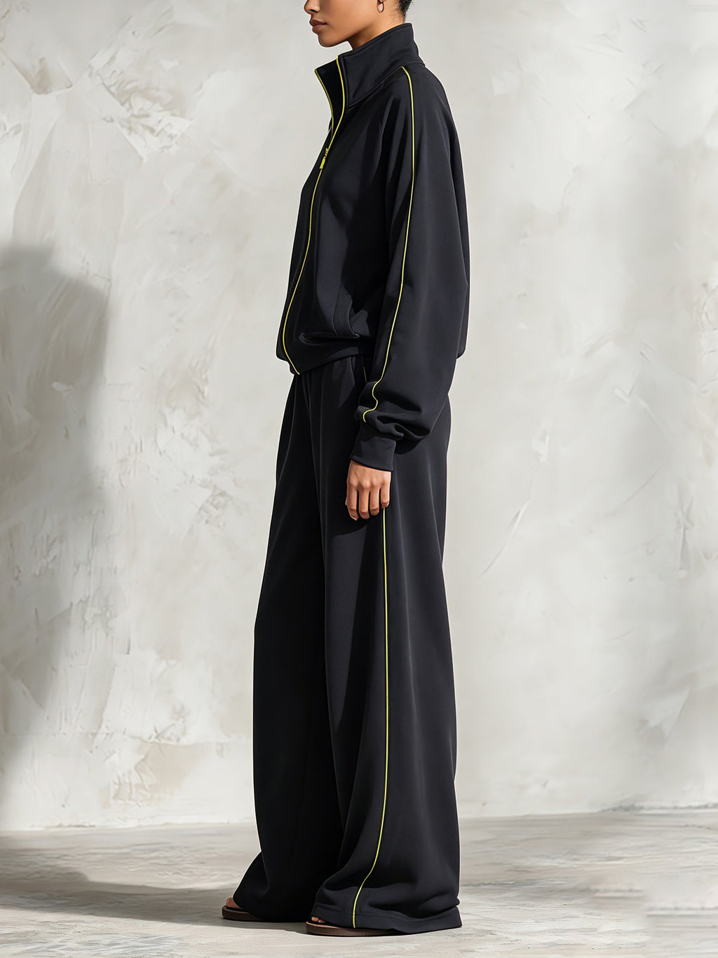Women's Black Contrast Trim Zip-Up Tracksuit Set – Relaxed Fit Athleisure Jacket & Wide Leg Pants Two Piece Outfit