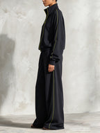 Women's Black Contrast Trim Zip-Up Tracksuit Set – Relaxed Fit Athleisure Jacket & Wide Leg Pants Two Piece Outfit