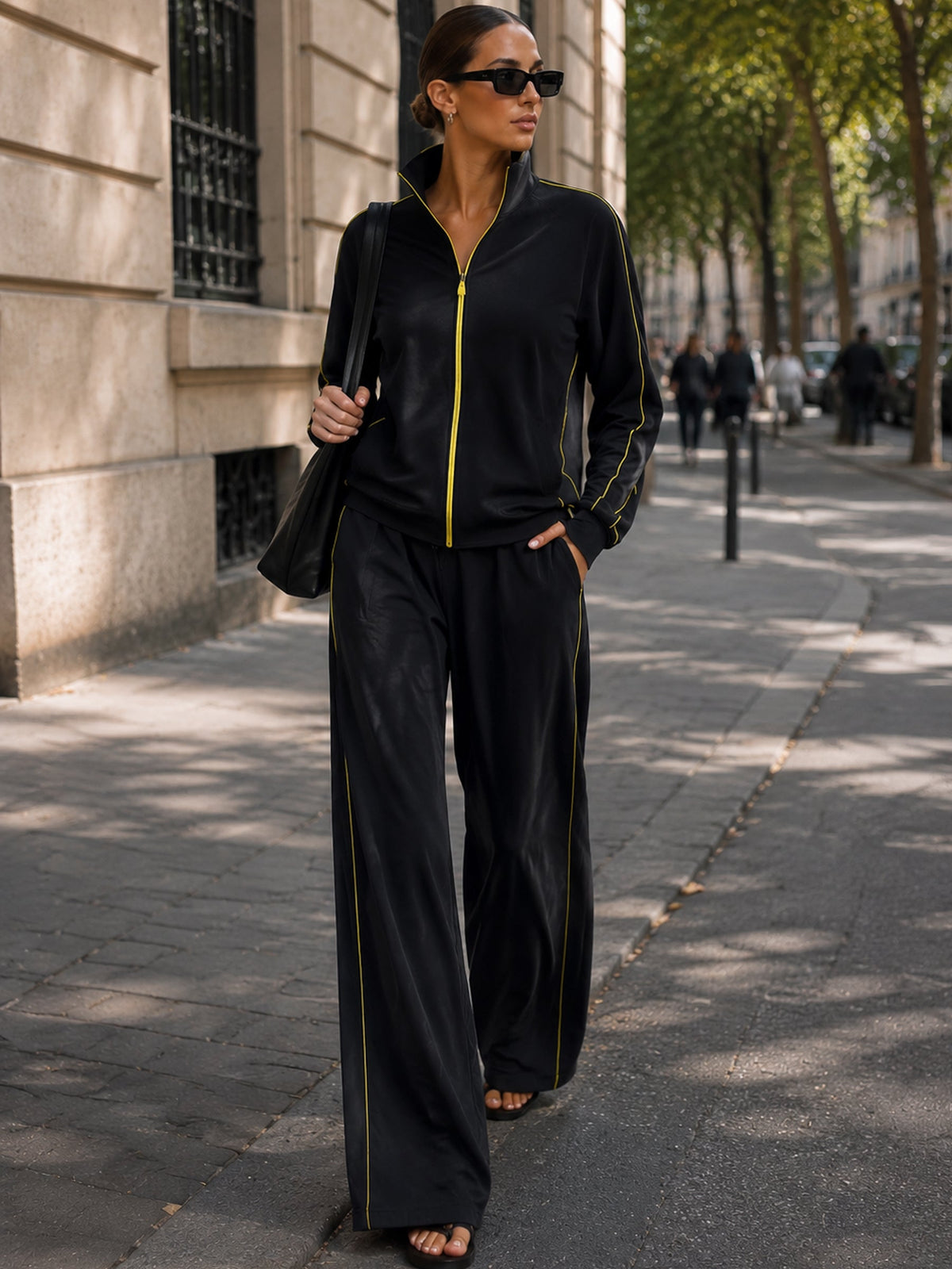 Women's Black Contrast Trim Zip-Up Tracksuit Set – Relaxed Fit Athleisure Jacket & Wide Leg Pants Two Piece Outfit