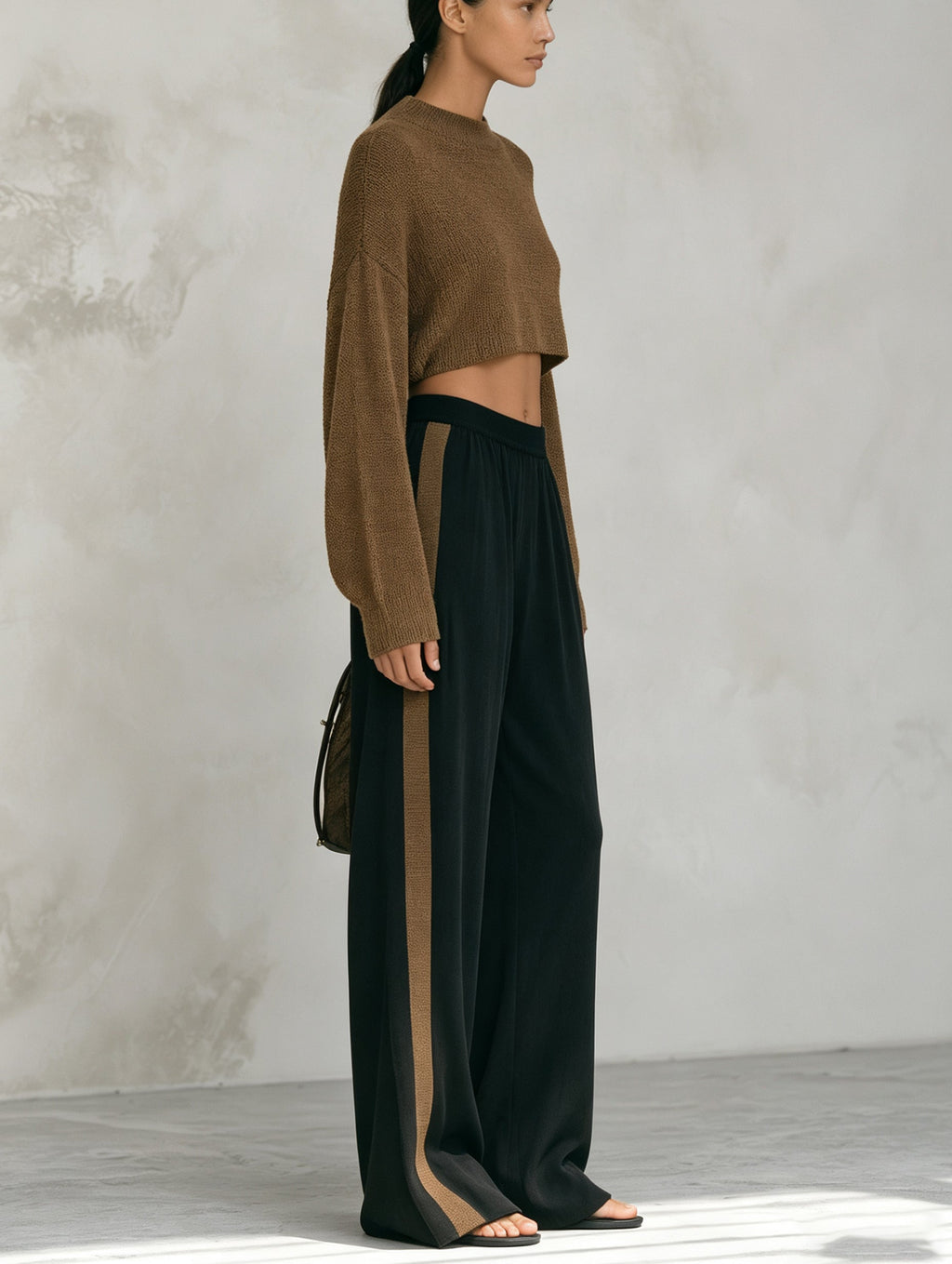 Minimalist Contrast Knit Top & Woven Wide-Leg Pants Set