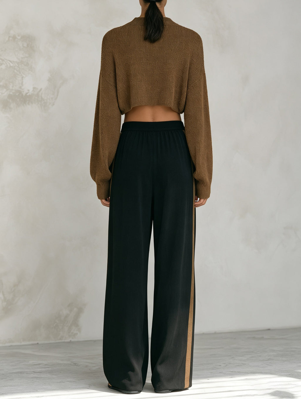 Minimalist Contrast Knit Top & Woven Wide-Leg Pants Set