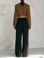 Minimalist Contrast Knit Top & Woven Wide-Leg Pants Set