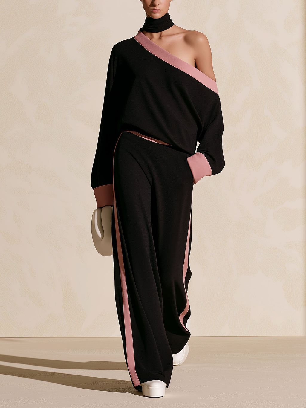 Black Pink Color Block Off Shoulder Two Piece Outfit, Loose Long Sleeve Top & Wide Leg Pants Set