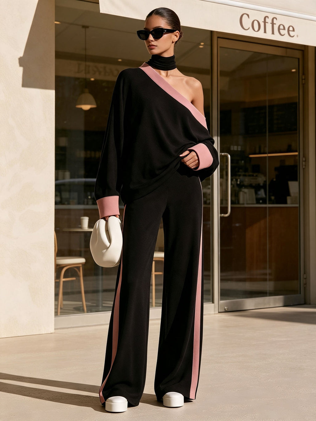 Black Pink Color Block Off Shoulder Two Piece Outfit, Loose Long Sleeve Top & Wide Leg Pants Set