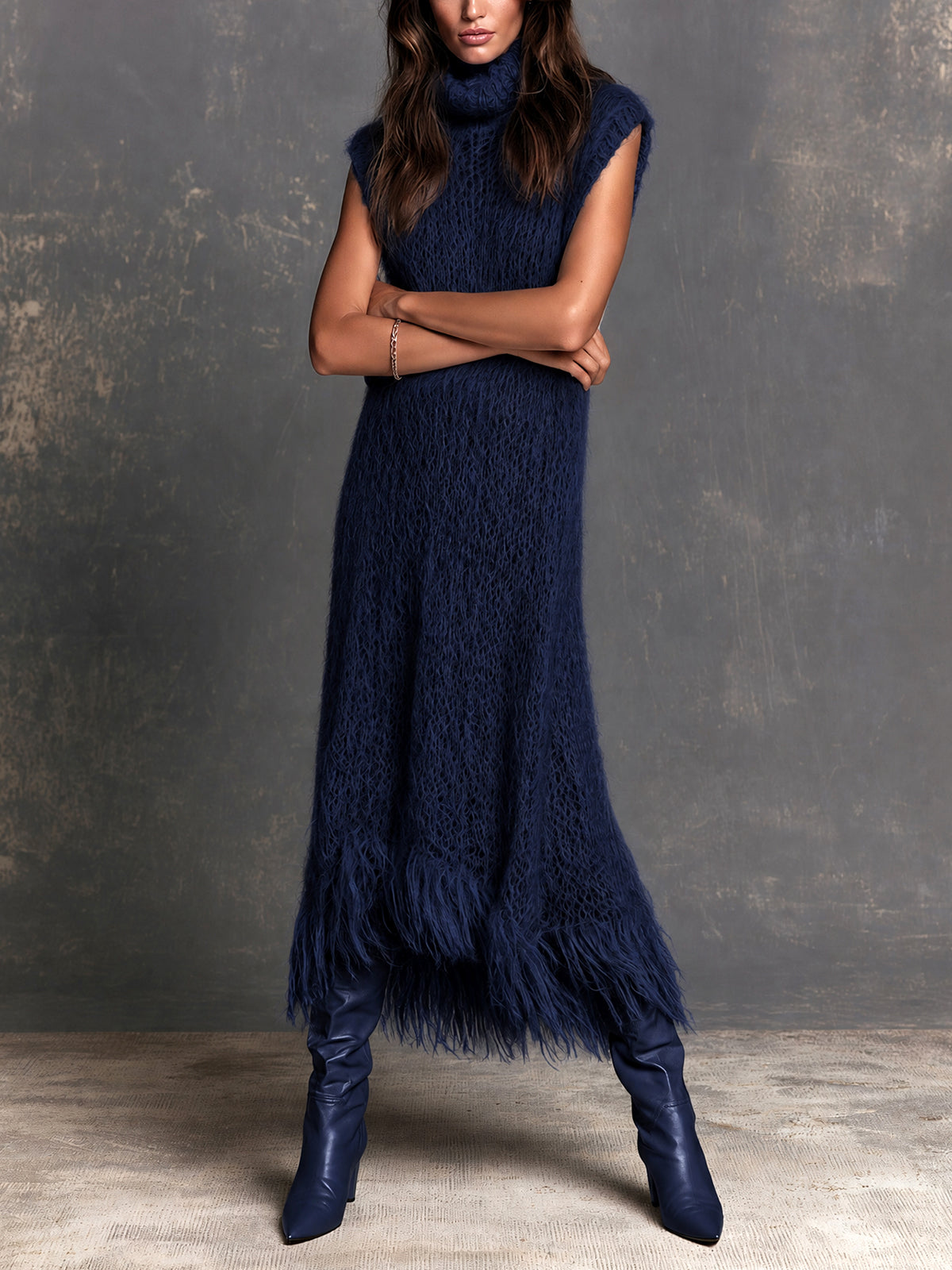 VERA | NAVY FRINGE KNIT MAXI DRESS