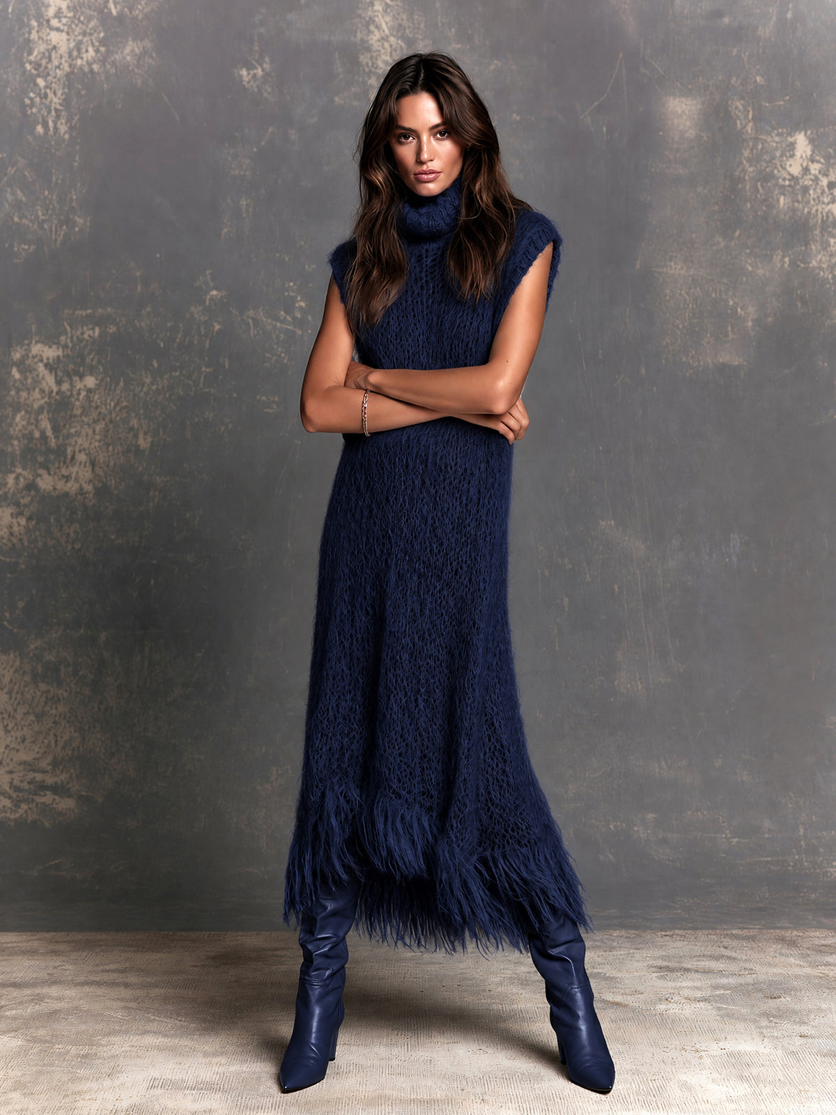 VERA | NAVY FRINGE KNIT MAXI DRESS