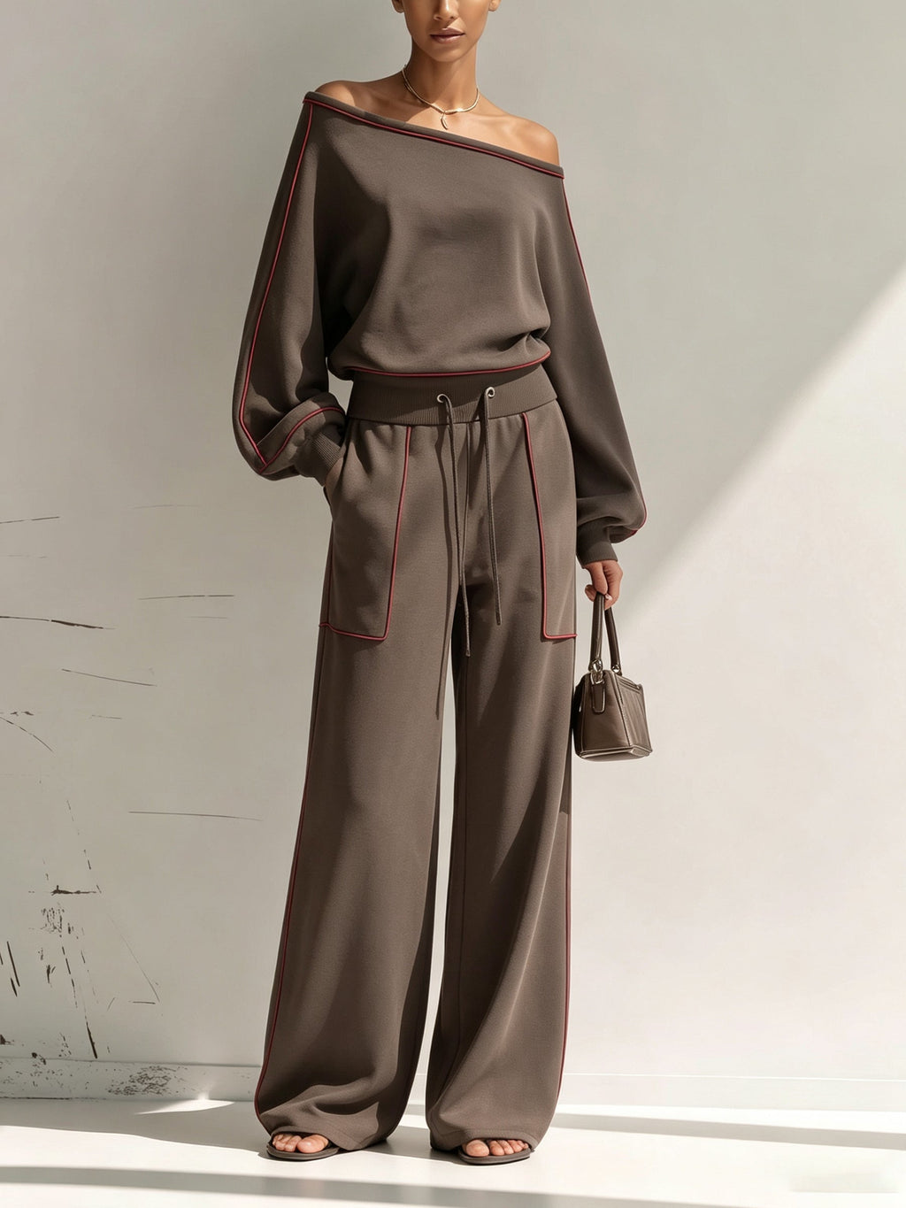 Asymmetrical One Shoulder Red Piping Sweatshirt Wide Leg Pants 2 Piece Set, Luxury Loose Loungewear Tracksuit For Women