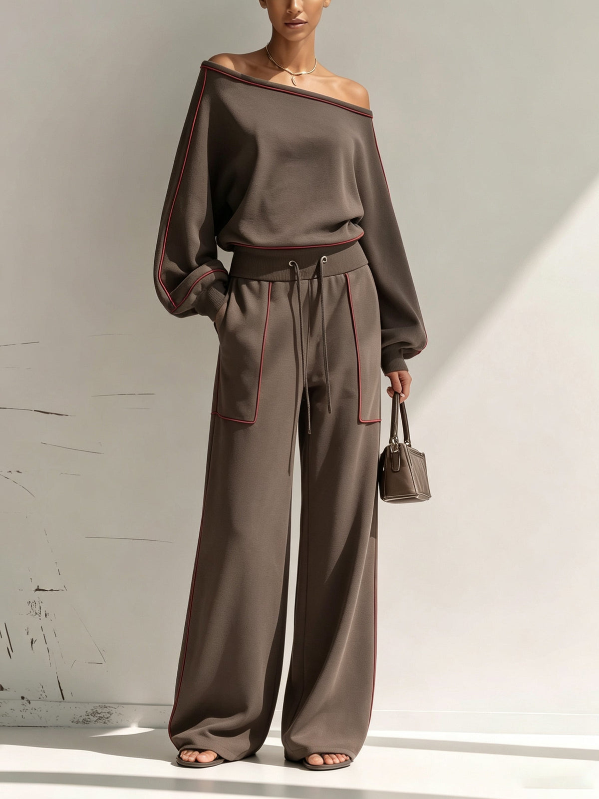 Asymmetrical One Shoulder Red Piping Sweatshirt Wide Leg Pants 2 Piece Set, Luxury Loose Loungewear Tracksuit For Women