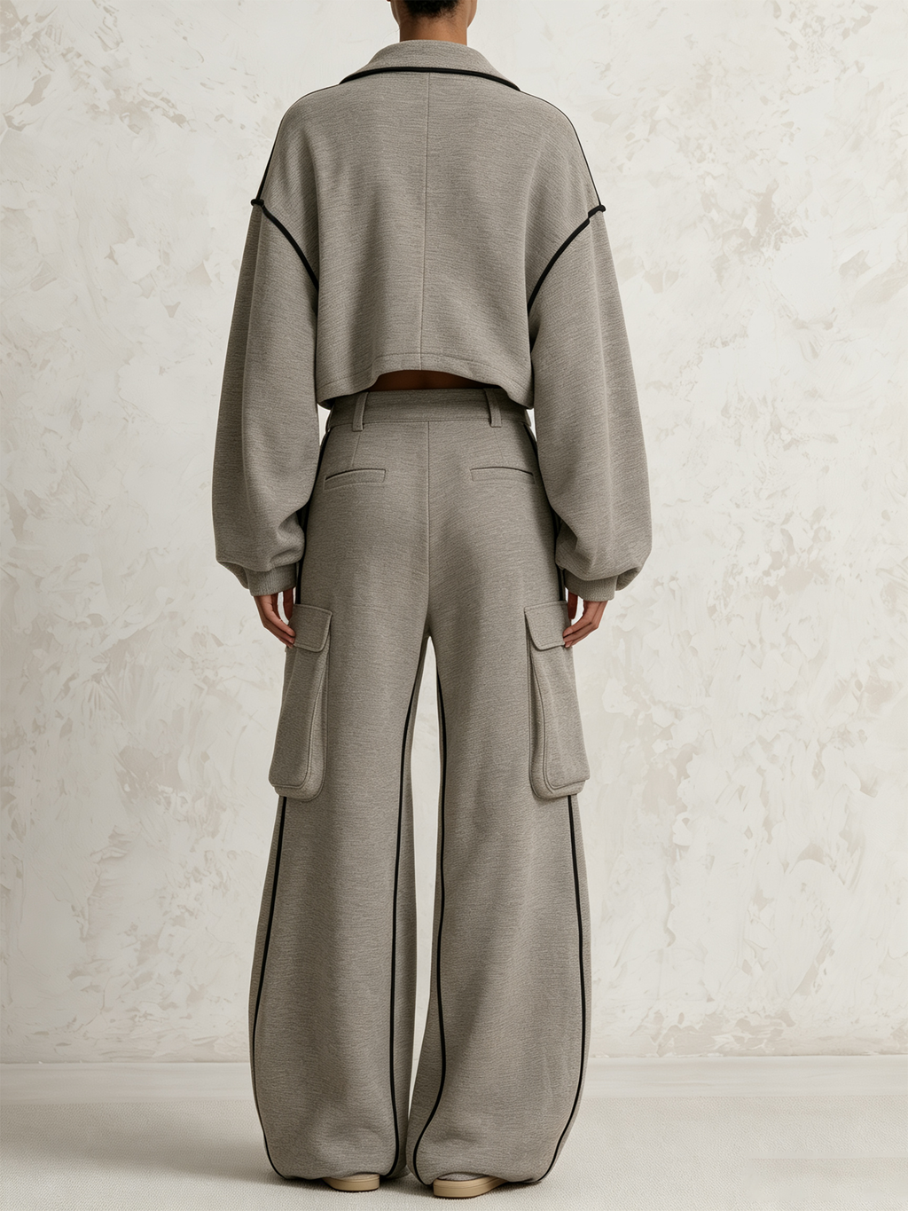 Grey Contrast Piping Zip‑Up Cropped Top & Cargo Wide‑Leg Pants Two‑Piece Set