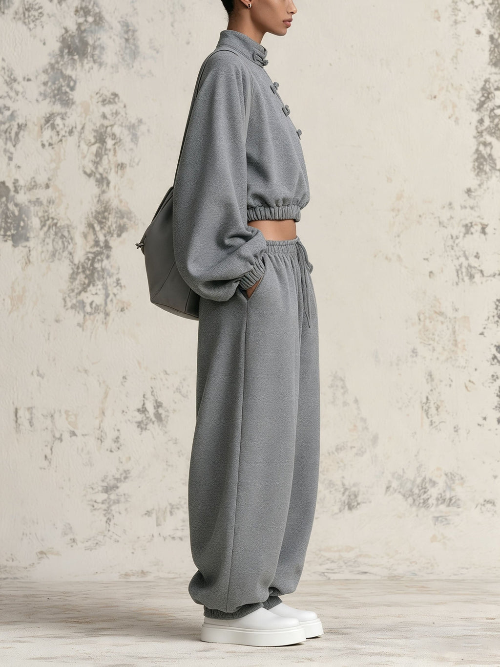 Chinese Frog Button Crop Sweatshirt & Baggy Jogger Two-Piece Set