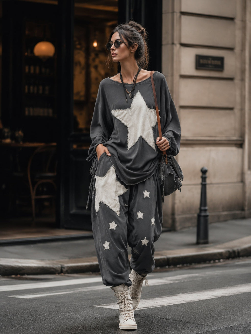 Women’s Oversized Star Patch Sweatshirt & Jogger Set – Casual Streetwear Two Piece Lounge Outfit
