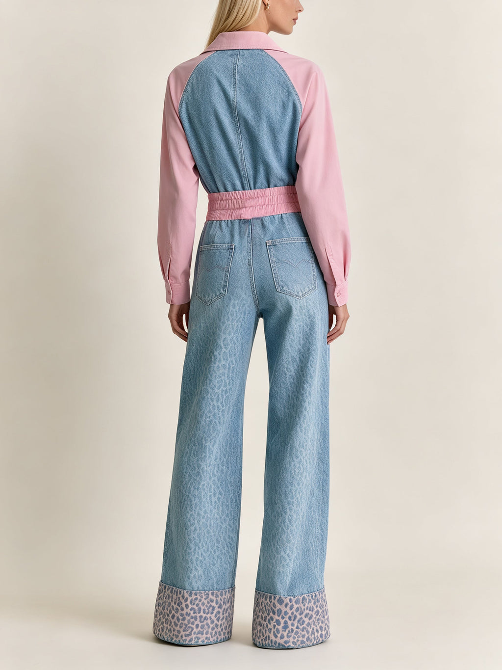Women’s Color Block Jumpsuit Set – Contrast Polo Top & Wide Leg Pants