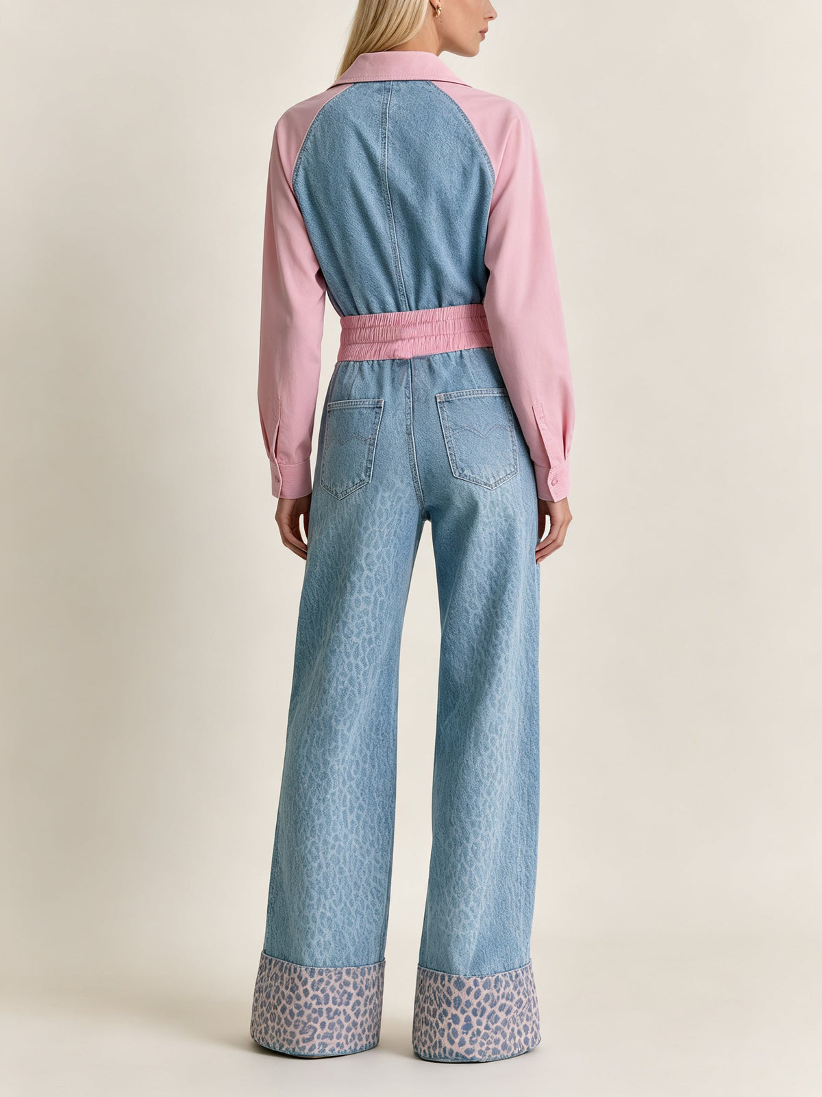 Women’s Color Block Jumpsuit Set – Contrast Polo Top & Wide Leg Pants