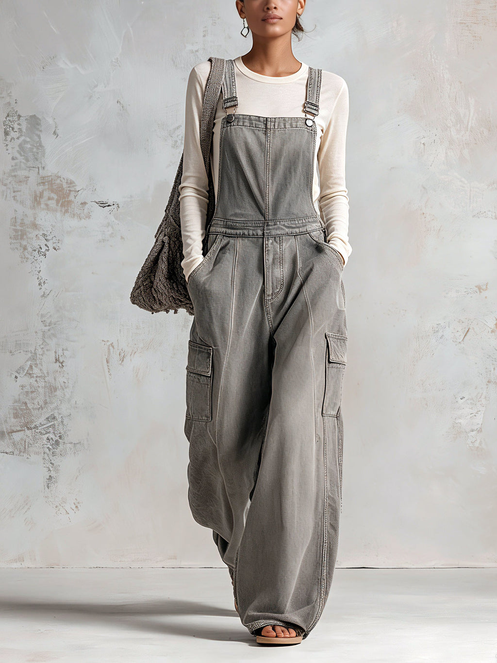 Women’s Washed Gray Utility Overalls – Wide Leg Cargo Bib Jumpsuit