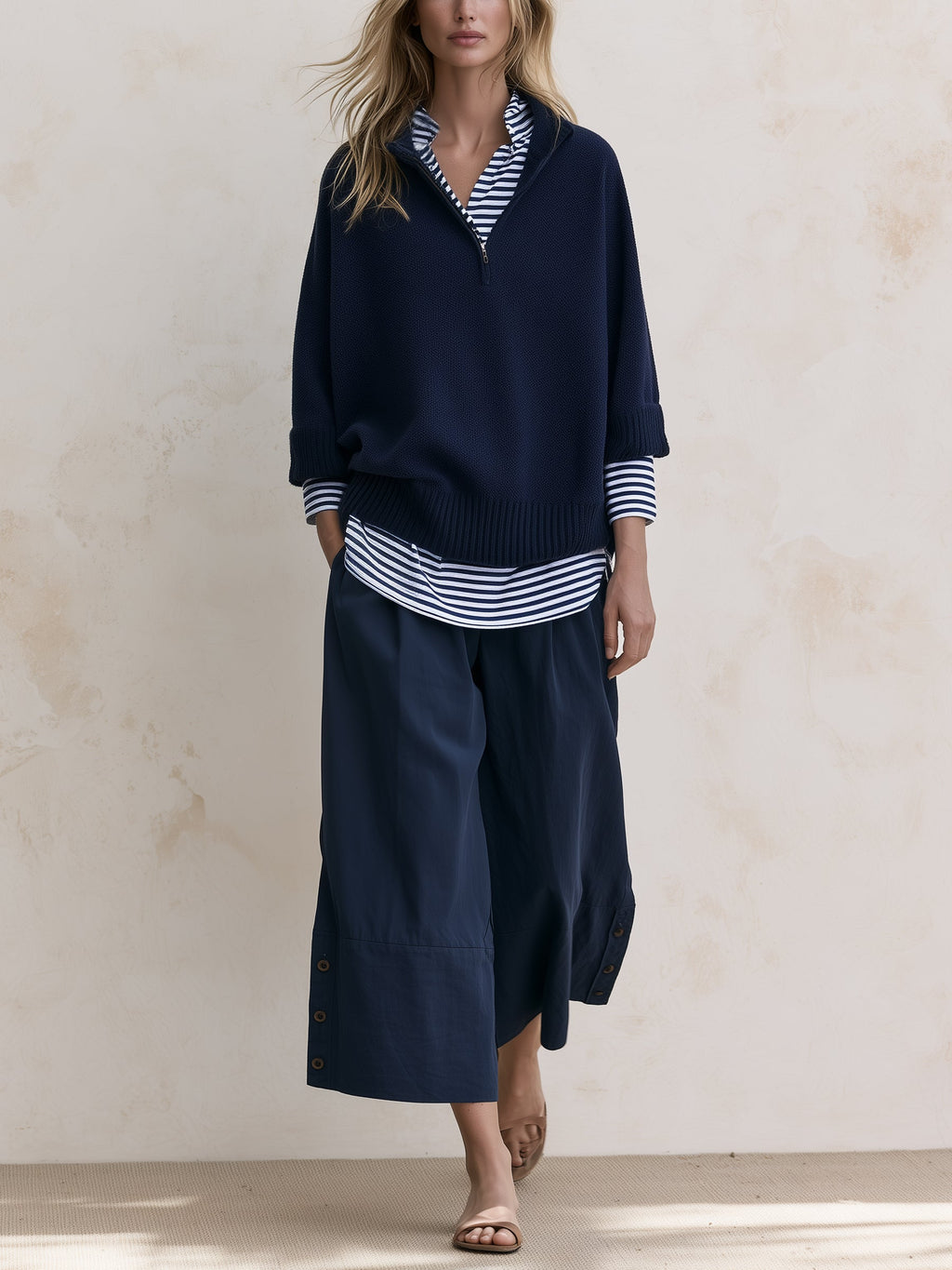Navy Stripe Layered Knit Set – Relaxed Pullover Sweater & Wide-Leg Pants Outfit