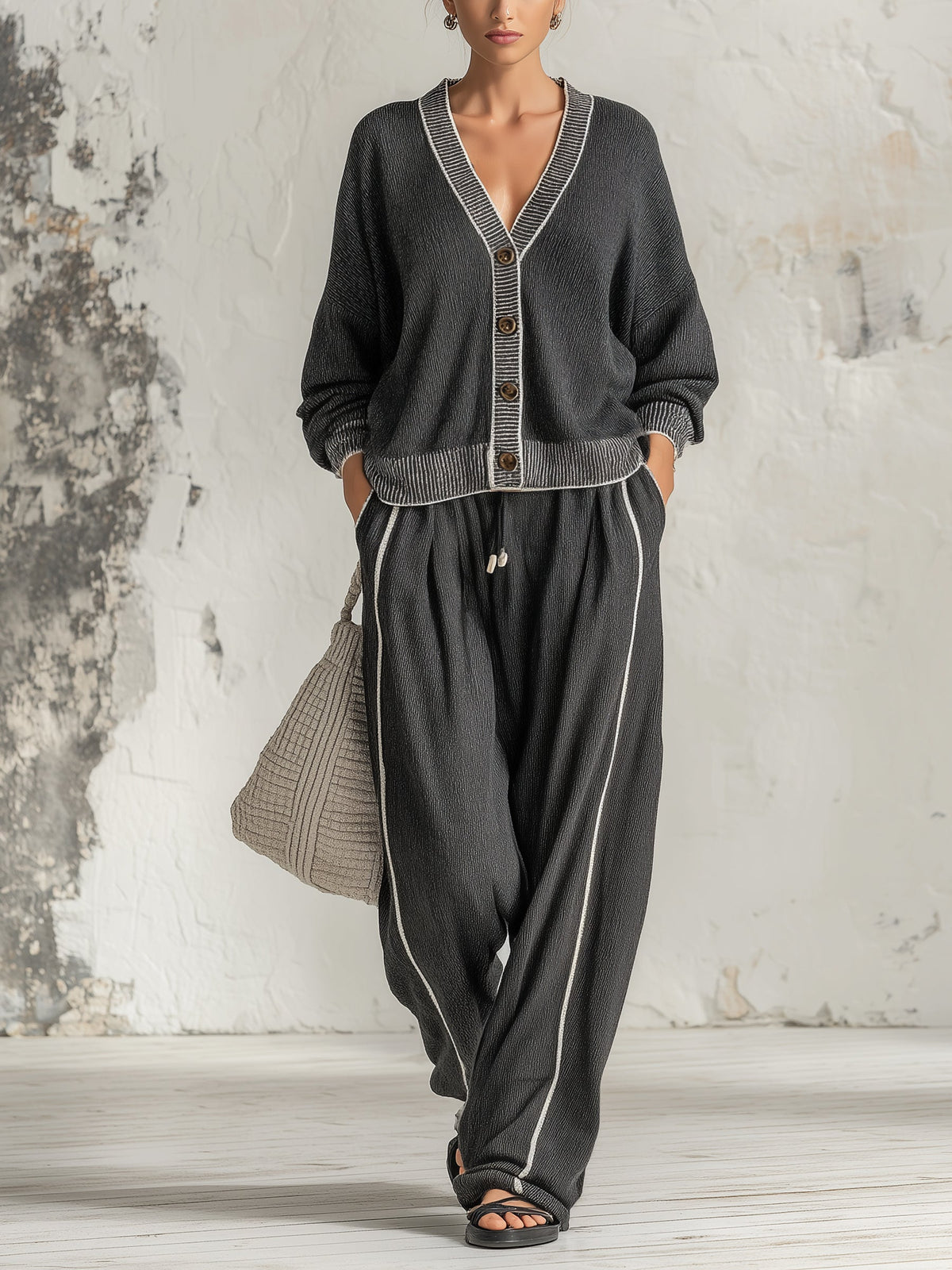 Relaxed Contrast-Trim Cardigan & Wide-Leg Pants Set