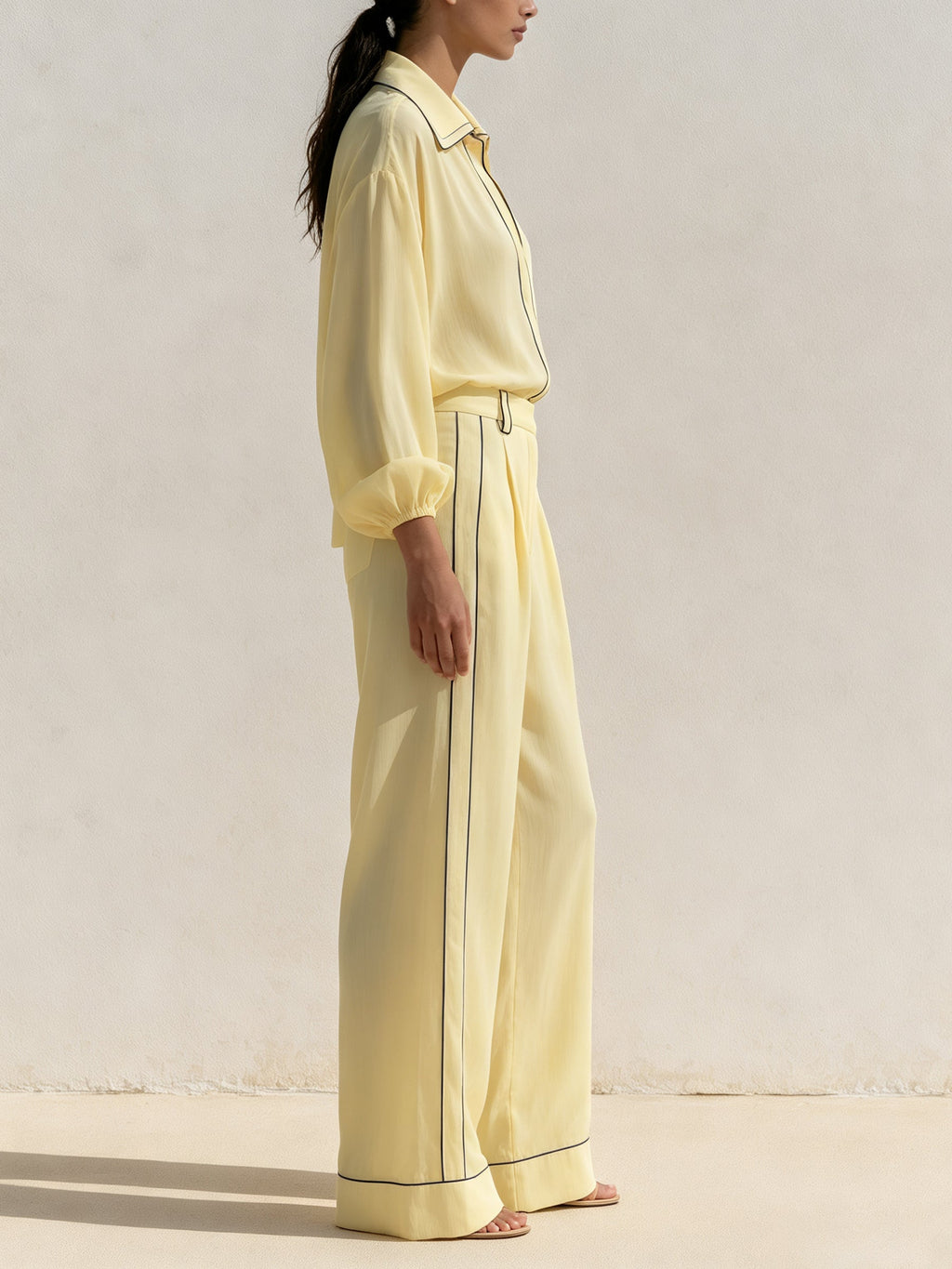 Elegant Contrast Trim Wide-Leg Jumpsuit – Minimalist Chic Long Sleeve Set