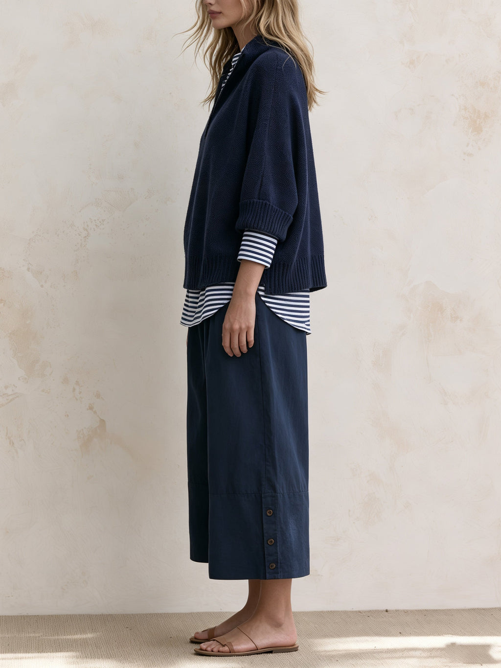 Navy Stripe Layered Knit Set – Relaxed Pullover Sweater & Wide-Leg Pants Outfit