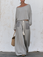 Grey Striped Off Shoulder Loungewear Set, Oversized Long Sleeve Top & Tassel Drawstring Wide Leg Pants Two Piece Outfit