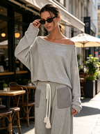 Grey Striped Off Shoulder Loungewear Set, Oversized Long Sleeve Top & Tassel Drawstring Wide Leg Pants Two Piece Outfit