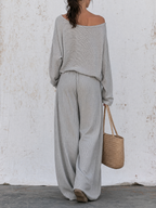Grey Striped Off Shoulder Loungewear Set, Oversized Long Sleeve Top & Tassel Drawstring Wide Leg Pants Two Piece Outfit