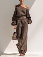 Asymmetrical Off-Shoulder Lounge Set – Brown Two-Piece Top & Wide-Leg Pants
