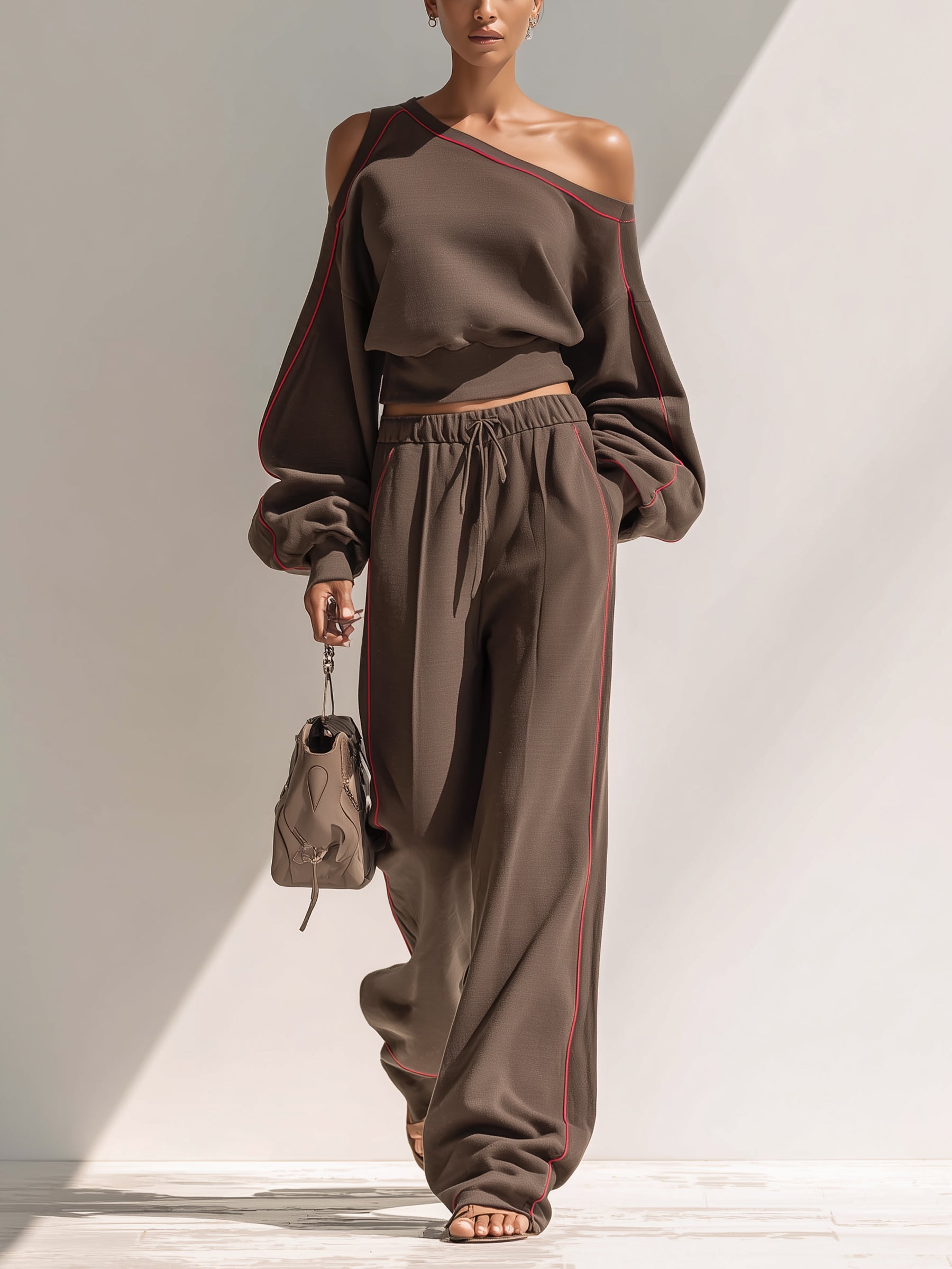Asymmetrical Off-Shoulder Lounge Set – Brown Two-Piece Top & Wide-Leg Pants