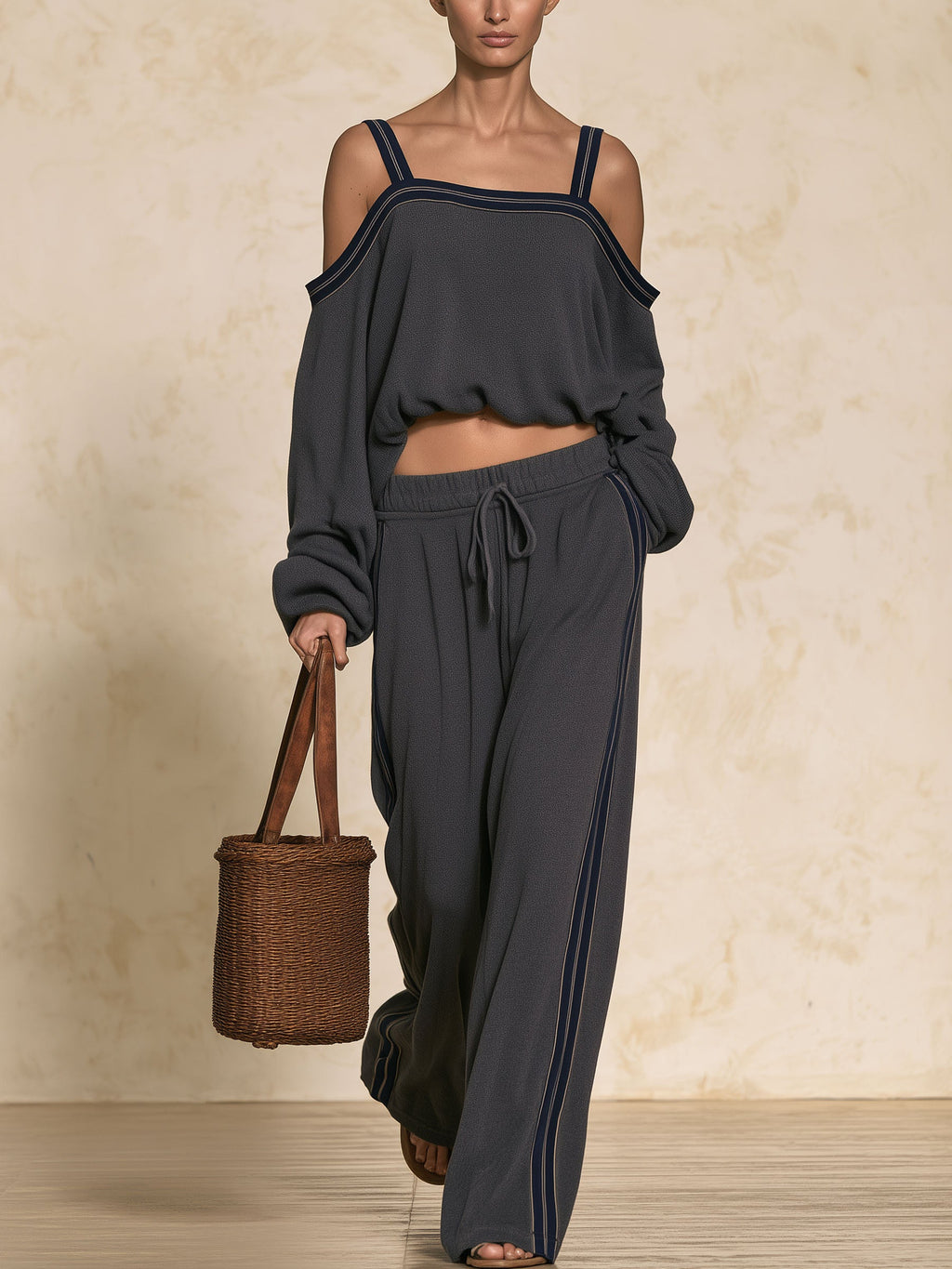 Cold Shoulder Strap Long Sleeve Top & Side Stripe Wide Leg Pants 2 Piece Set