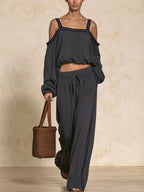 Cold Shoulder Strap Long Sleeve Top & Side Stripe Wide Leg Pants 2 Piece Set