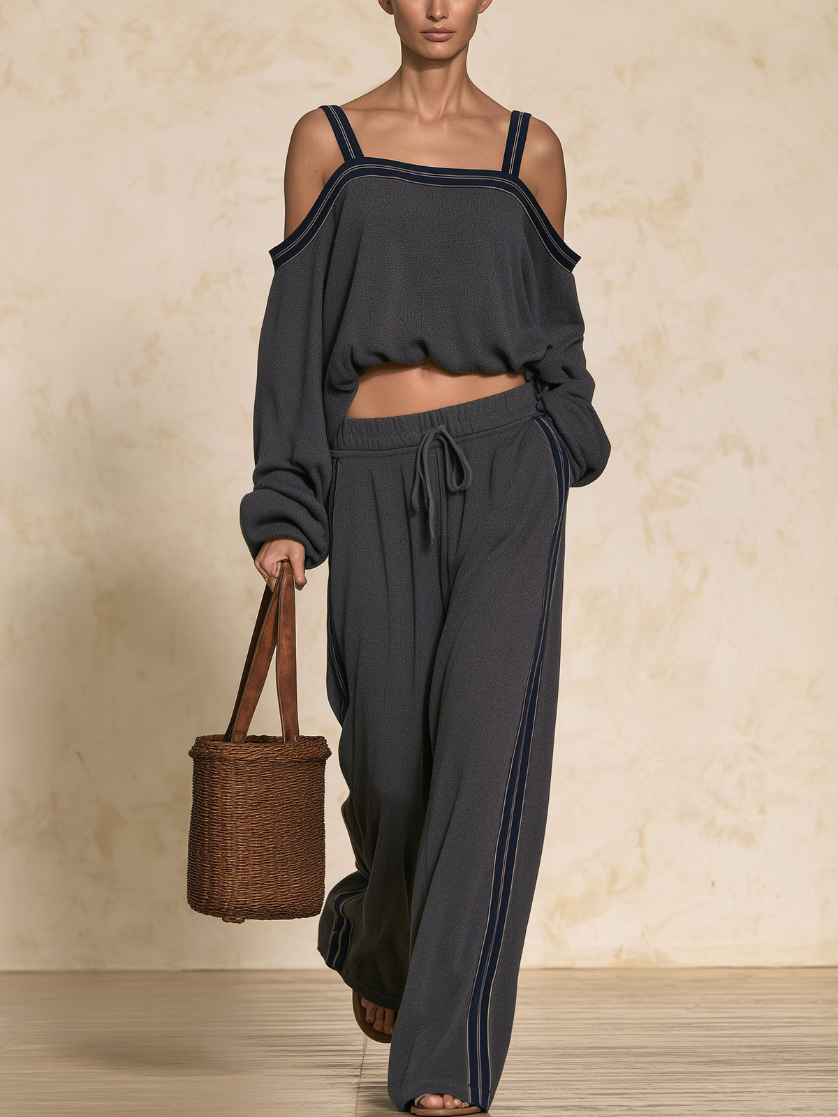 Cold Shoulder Strap Long Sleeve Top & Side Stripe Wide Leg Pants 2 Piece Set