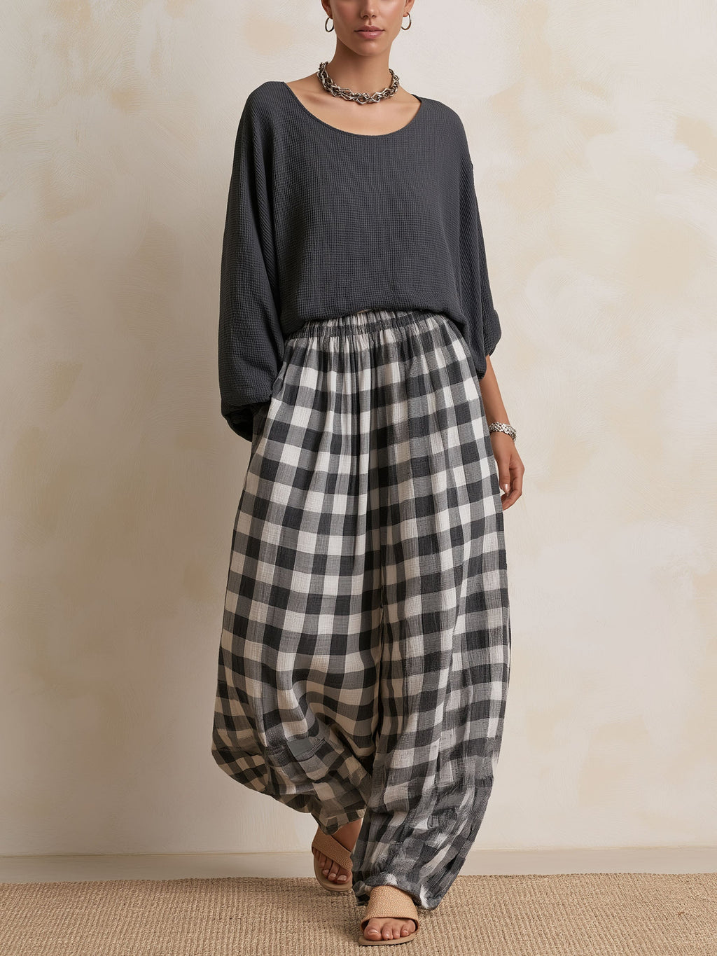 Waffle Knit Top & Gingham Wide Leg Pants 2 Piece Casual Set