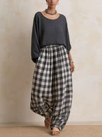 Waffle Knit Top & Gingham Wide Leg Pants 2 Piece Casual Set