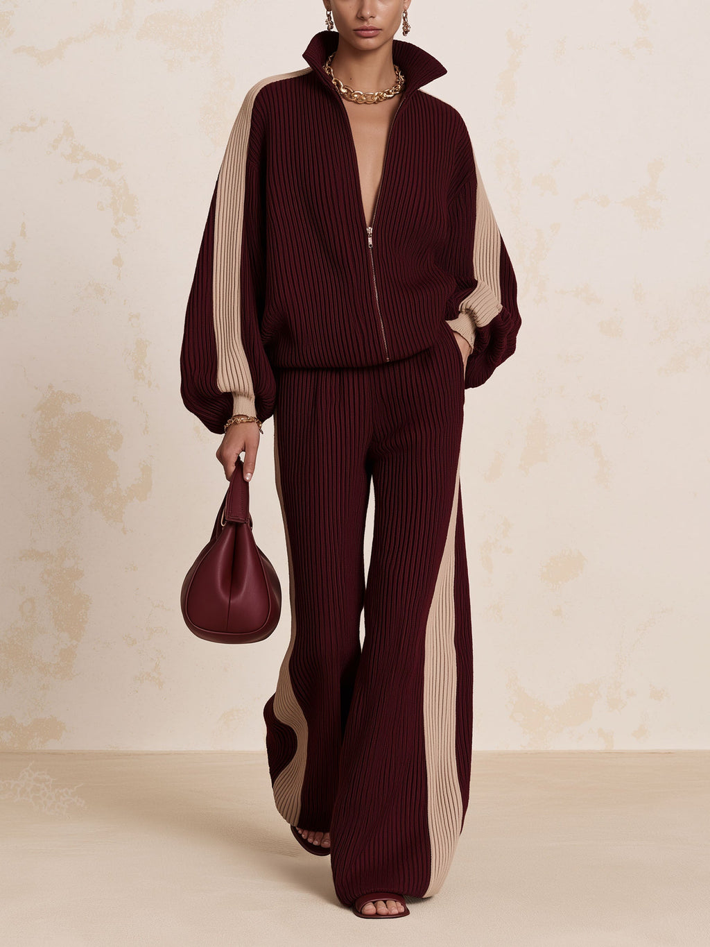 Burgundy Color Block Ribbed Knit Zip Jacket & Wide Leg Pants 2 Piece Set