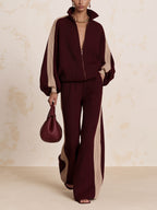 Burgundy Color Block Ribbed Knit Zip Jacket & Wide Leg Pants 2 Piece Set