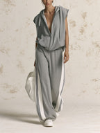 Grey Sleeveless Zip Hoodie & Side Stripe Wide Leg Pants 2 Piece Tracksuit