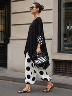 Polka Dot Two-Piece Set – Oversized Black Tunic Top & Wide-Leg Pants