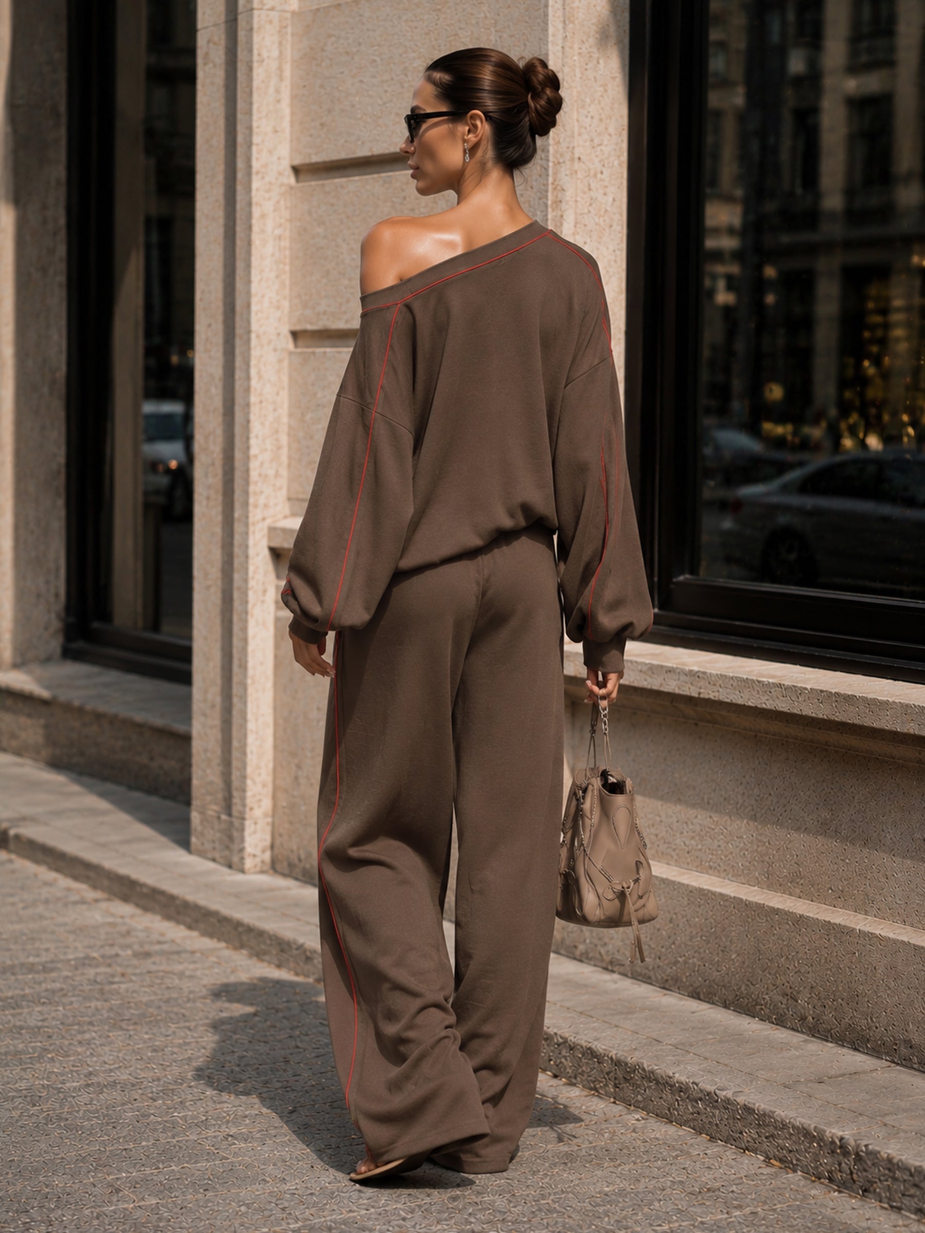 Asymmetrical Off-Shoulder Lounge Set – Brown Two-Piece Top & Wide-Leg Pants