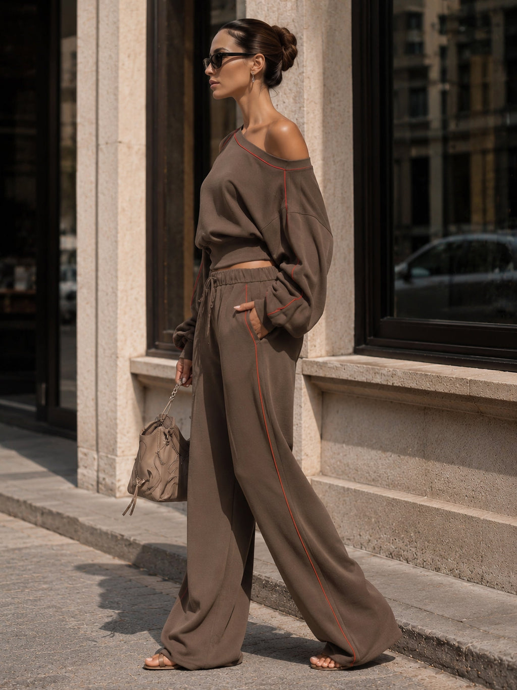 Asymmetrical Off-Shoulder Lounge Set – Brown Two-Piece Top & Wide-Leg Pants