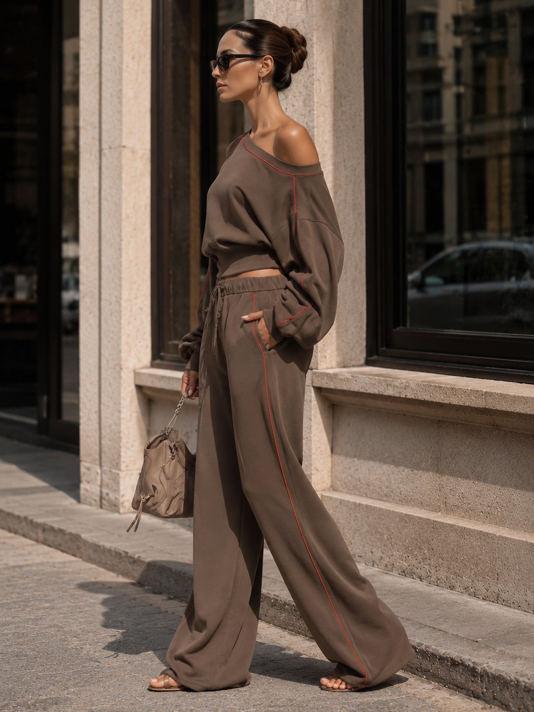 Asymmetrical Off-Shoulder Lounge Set – Brown Two-Piece Top & Wide-Leg Pants