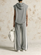 Grey Sleeveless Zip Hoodie & Side Stripe Wide Leg Pants 2 Piece Tracksuit