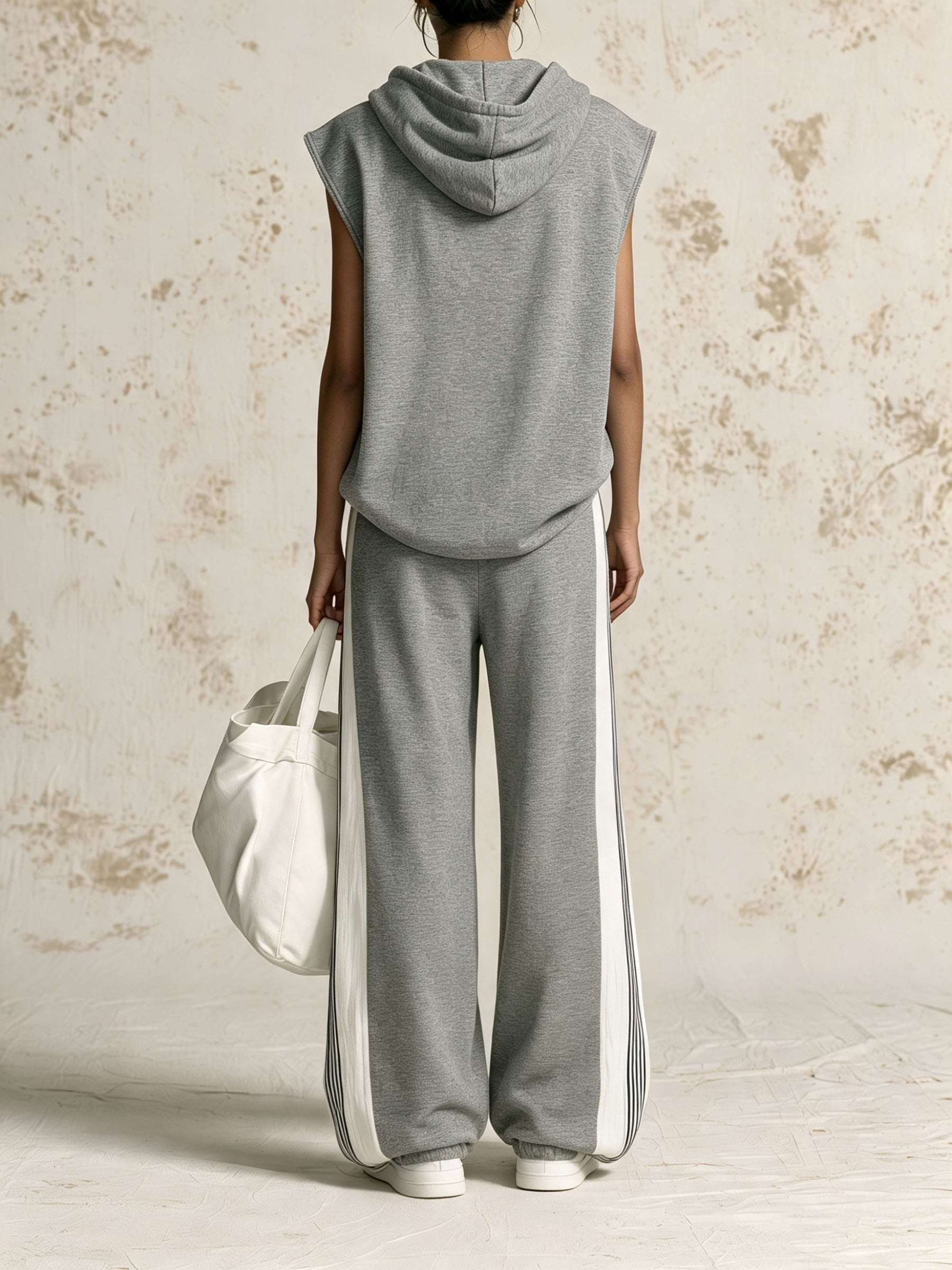 Grey Sleeveless Zip Hoodie & Side Stripe Wide Leg Pants 2 Piece Tracksuit