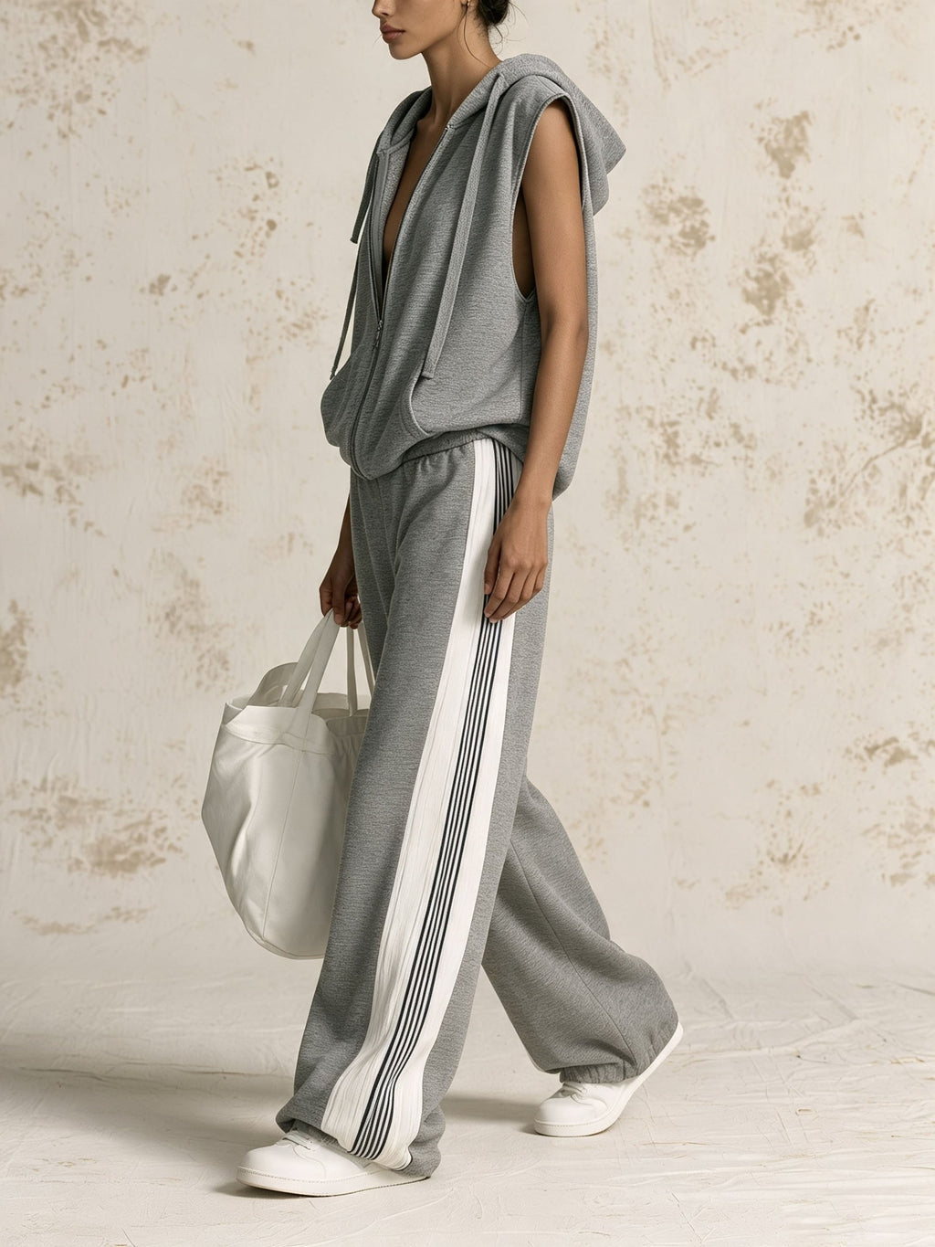 Grey Sleeveless Zip Hoodie & Side Stripe Wide Leg Pants 2 Piece Tracksuit